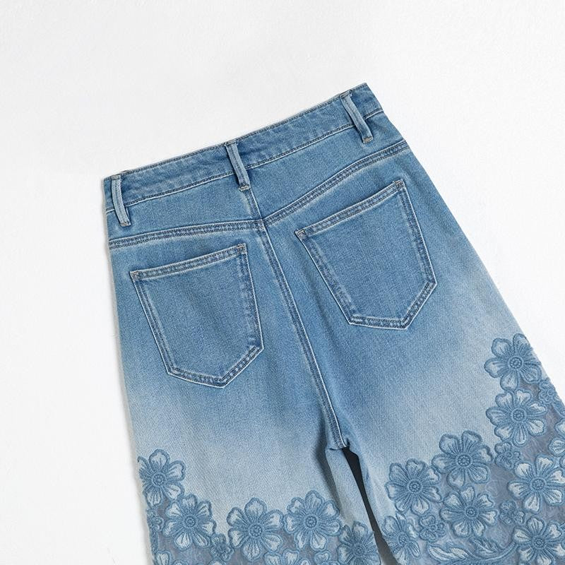 Risen Jeans Organza Patchwork Floral-Embroidered Bootcut Jeans