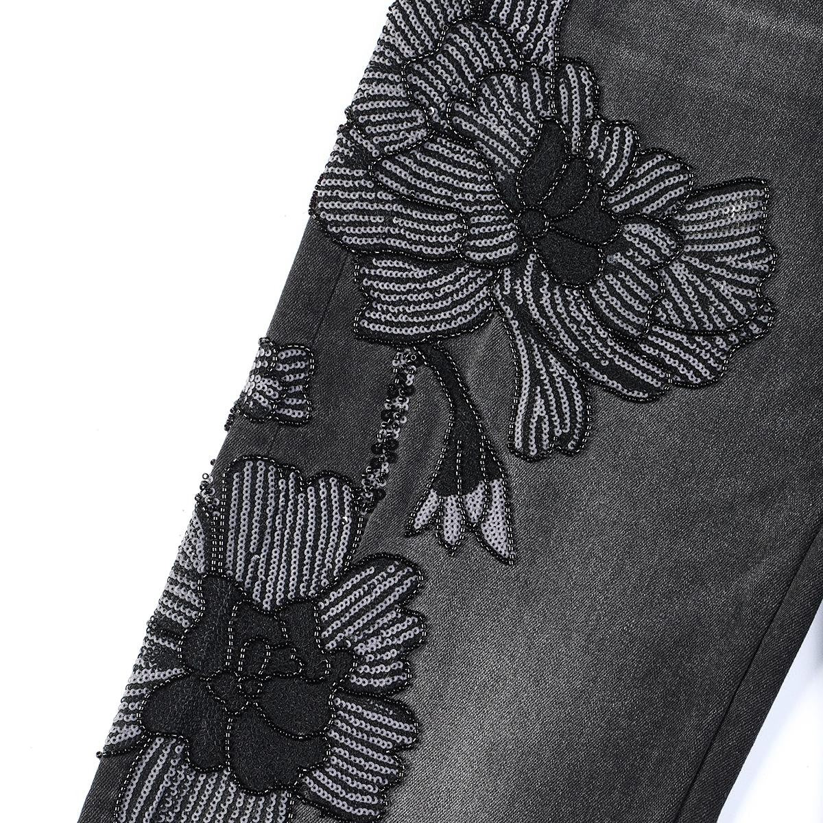 Risen Jeans Sequined & Beaded Floral Embroidery Tapered Ankle Jeans