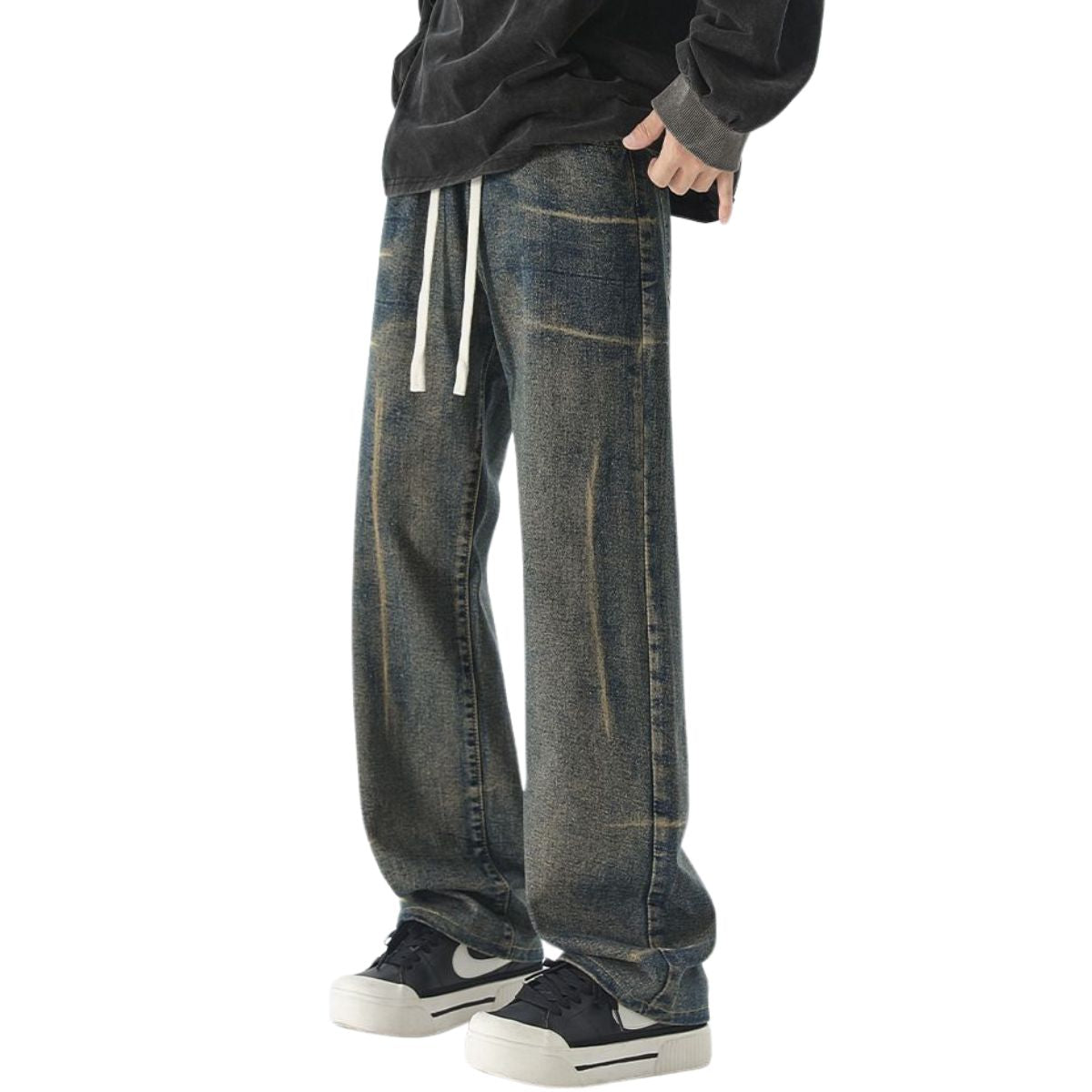 Drawstring Waist Straight-Leg Vintage Washed Jeans