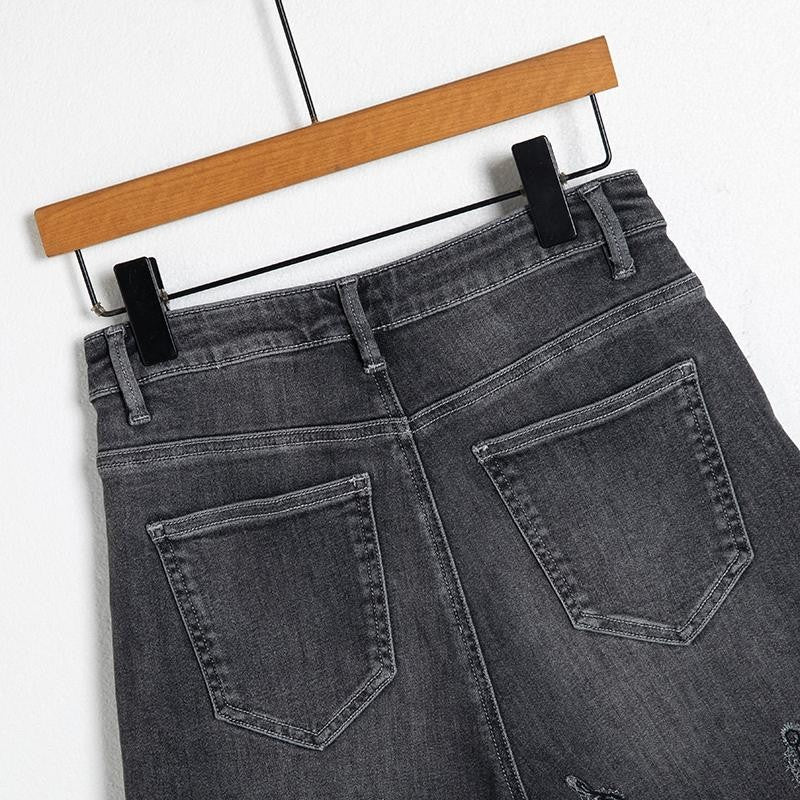 Asymmetric Heavy Embroidered Denim Shorts