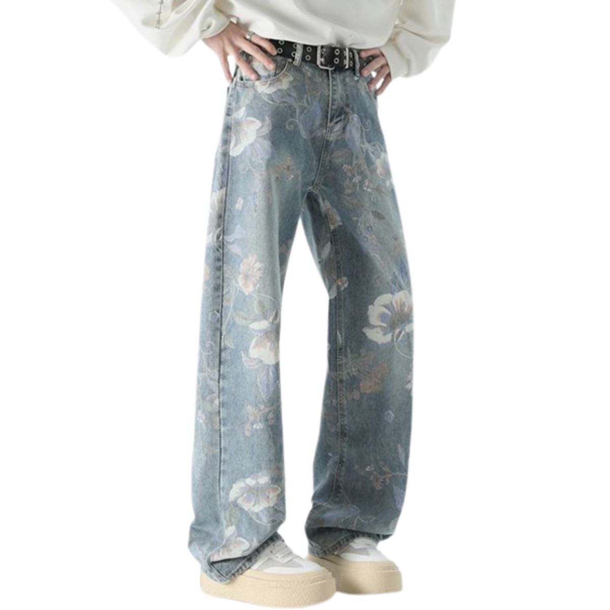 Floral Print Washed Straight Leg Jeans