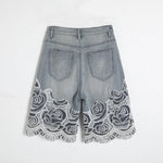 Pearl & Rhinestone Lace-Cut Denim Shorts