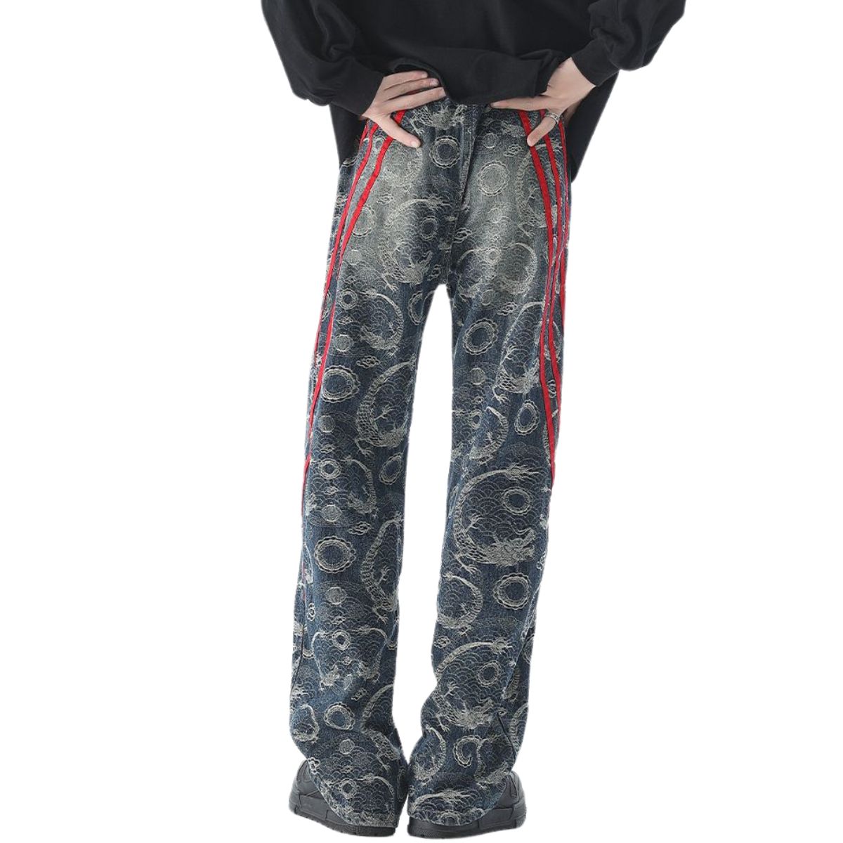 Side Stripe Jacquard-Print Wide-Leg Jeans