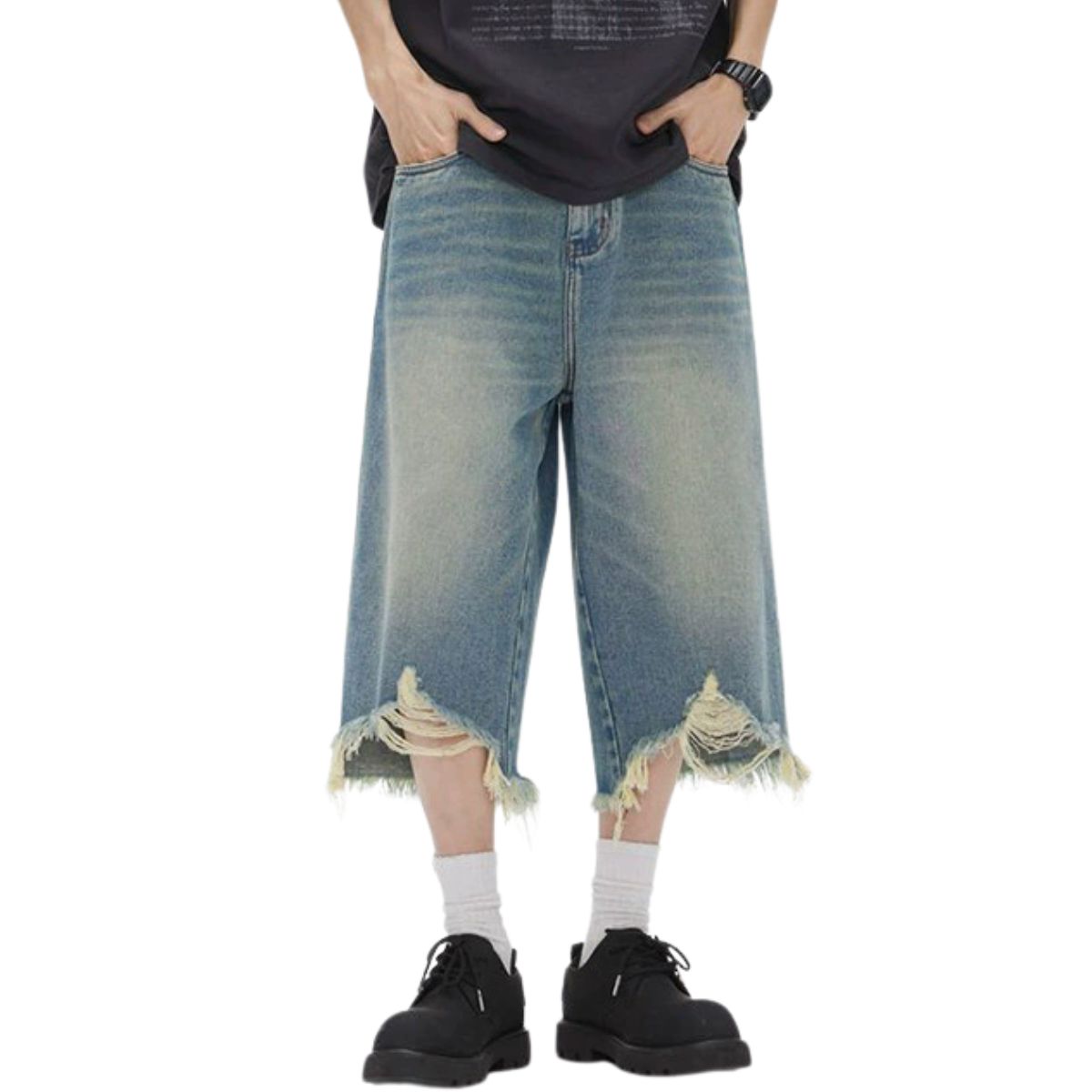 Mud WashedDestroyed Raw-Hem Wide-Leg Cropped Jeans