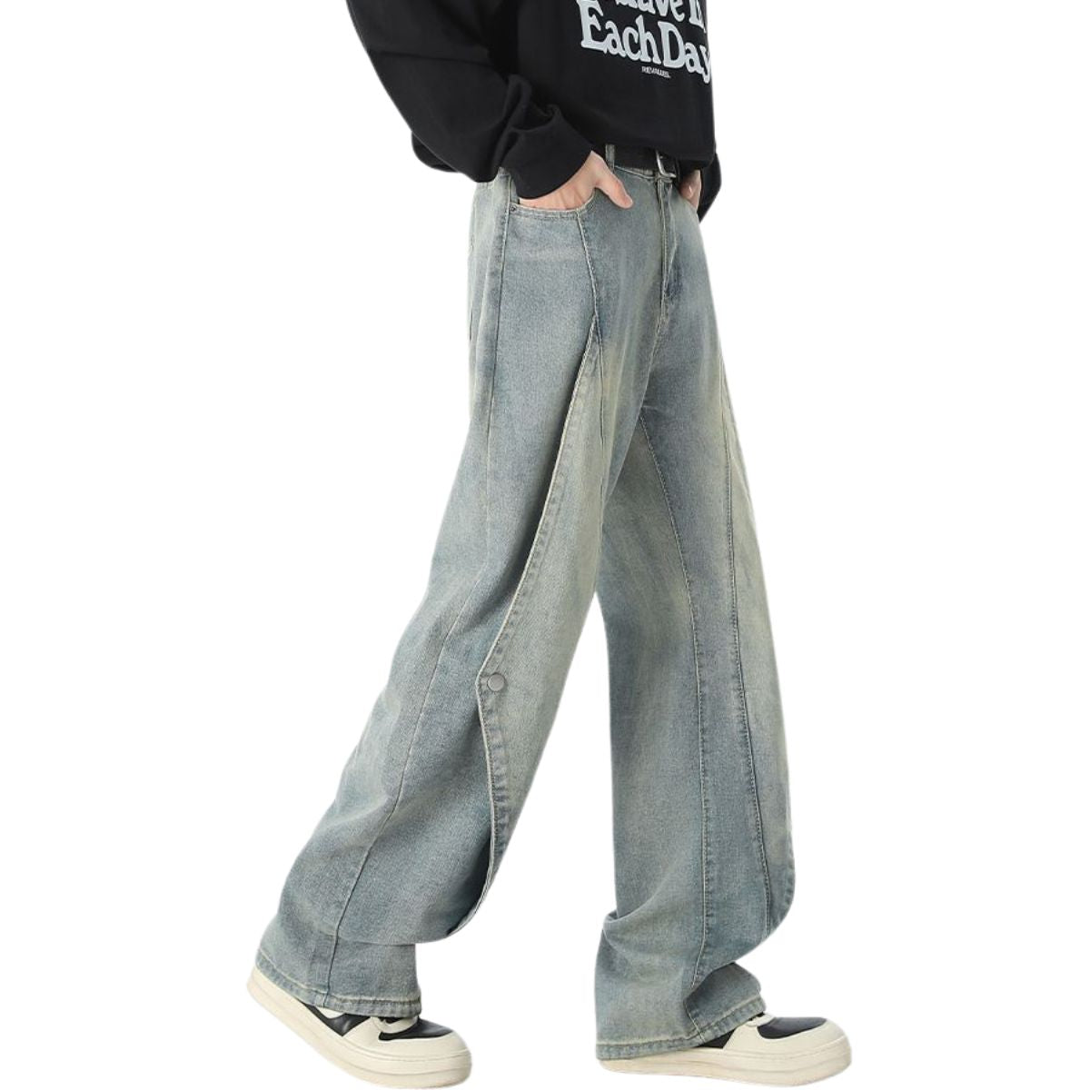 Trendy Buttoned Mock-Slit Wide-Leg Jeans