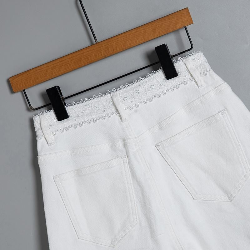 Pearl-embellished Embroidered Butterfly Denim Shorts