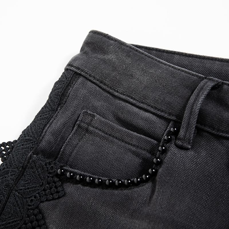 Risen Jeans Rhinestones & Pearls Embroidery Patchwork Ankle Jeans