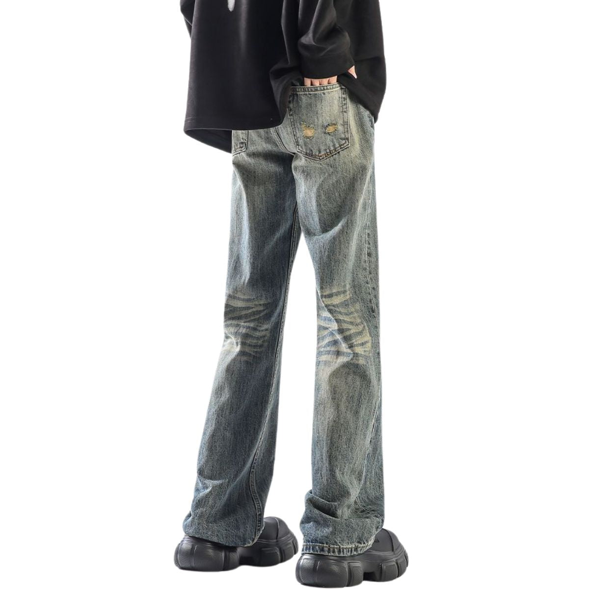 Relaxed Fit Whisker Ripped Denim Jeans