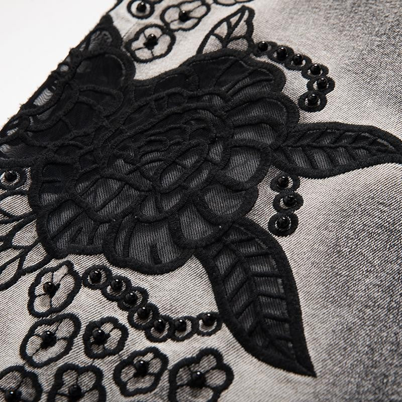 Vintage-Wash Pearl-Embroidered Denim Skirt