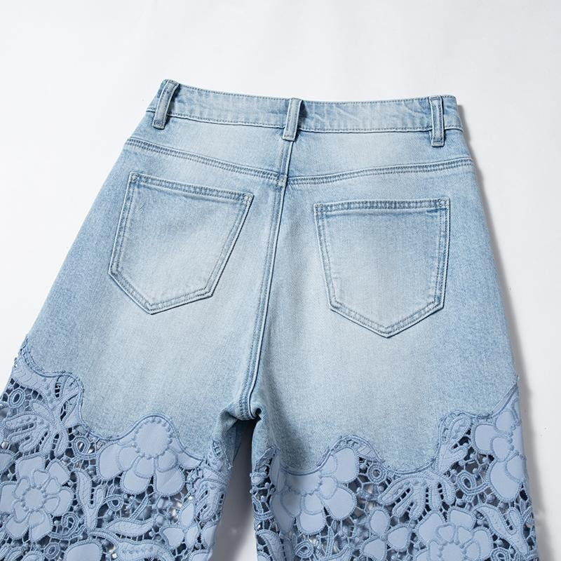 Risen Jeans Embroidered Cut-Out Pearl Rhinestone Ankle Jeans