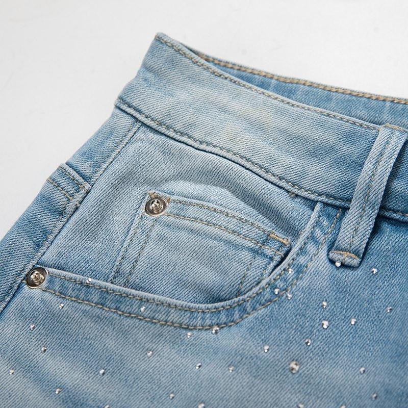 Heavy-Embroidered Rhinestone Denim A-Line Skirt