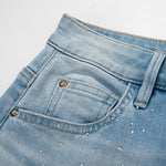 Heavy-Embroidered Rhinestone Denim A-Line Skirt