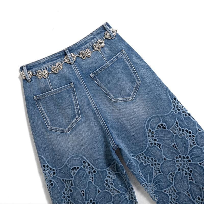 Risen Jeans Rhinestone-Transferred & Embroidered Cut-Out Jeans