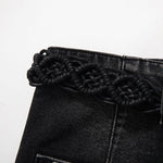 Raw-Edge Hem Heavily Embroidered Denim Skirt