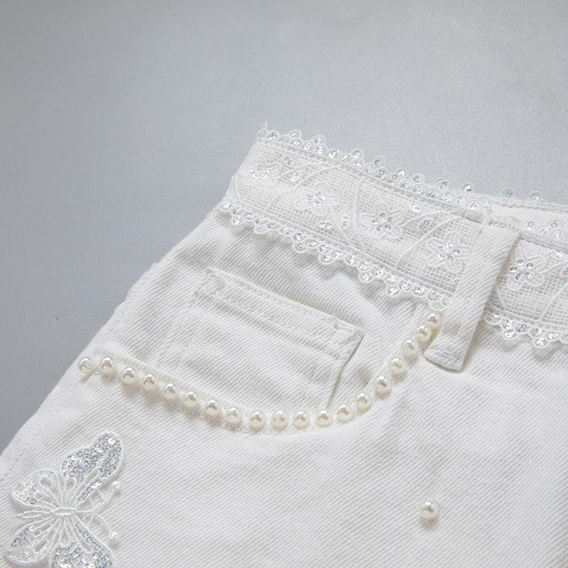 Pearl-embellished Embroidered Butterfly Denim Shorts
