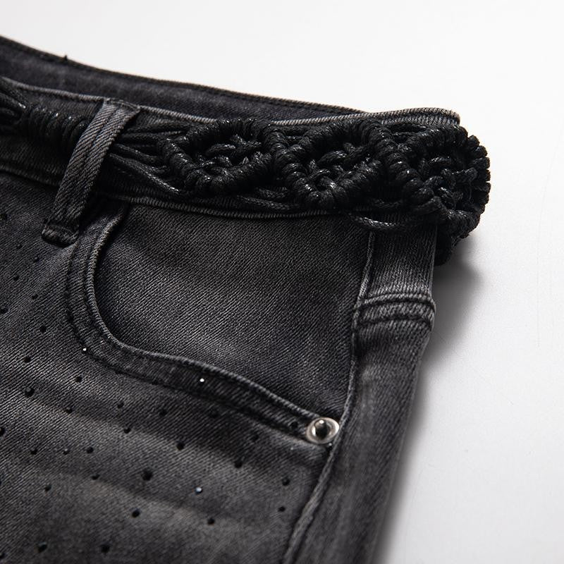 Embroidered & Rhinestone-Transferred Denim Skirt