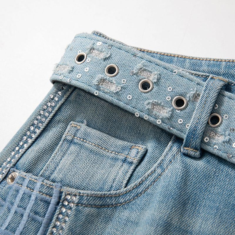 Risen Jeans Wide-Leg Rhinestone & Embroidered Cut-Out Jeans