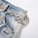 Raw-Edge Hem Heavily Embroidered Denim Skirt