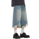 Mud WashedDestroyed Raw-Hem Wide-Leg Cropped Jeans