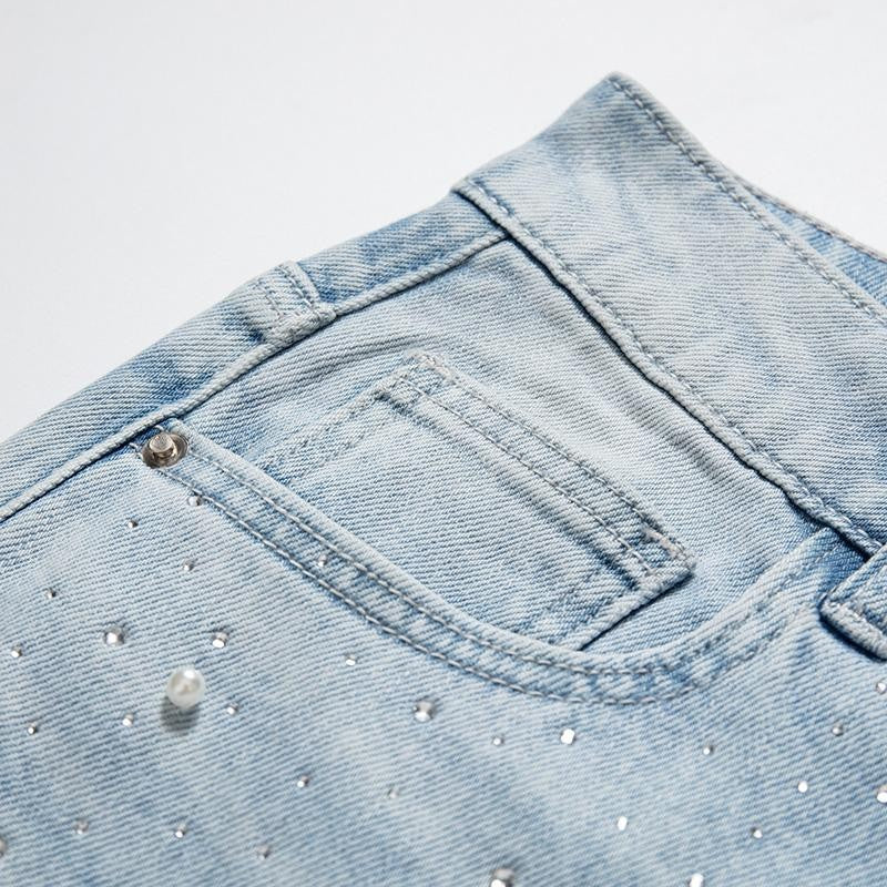 Risen Jeans Embroidered Cut-Out Pearl Rhinestone Ankle Jeans