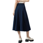 High-Waisted Pleated Knit Denim Midi Skirt