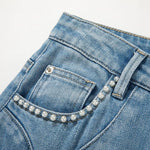 Risen Jeans Pearl-Beaded Frog Closure Jeans with Cut-Outs