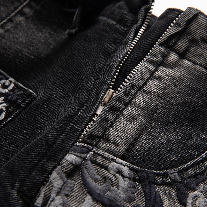 Raw-Edge Hem Heavily Embroidered Denim Skirt