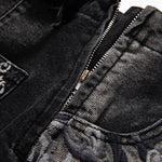 Raw-Edge Hem Heavily Embroidered Denim Skirt