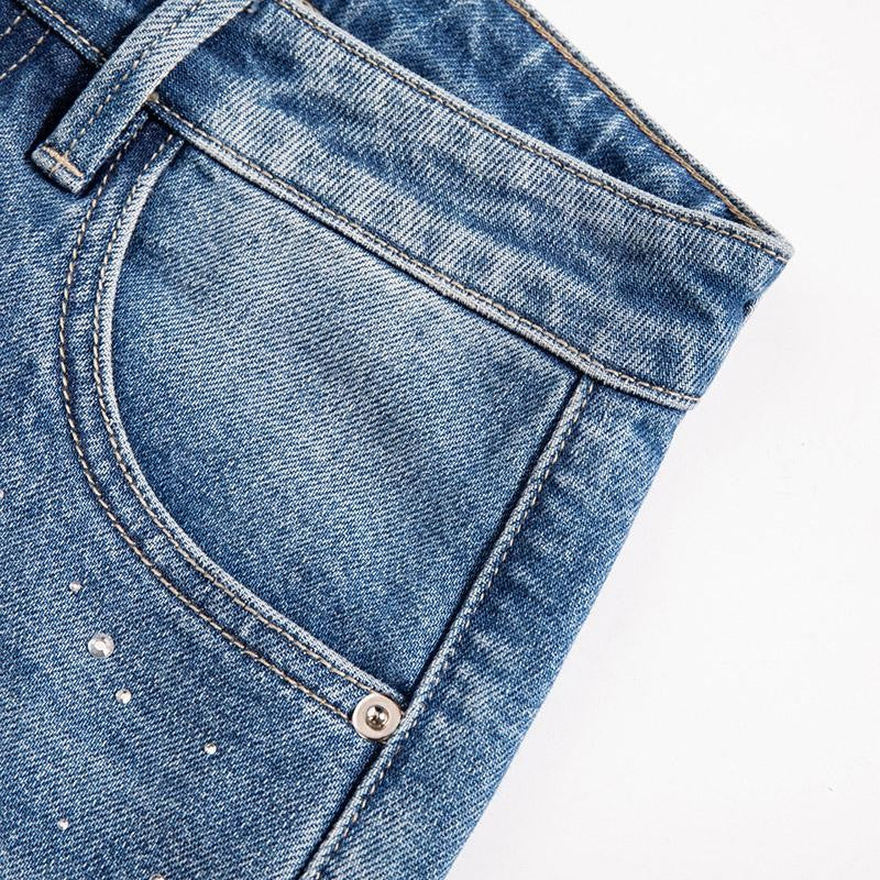 Risen Jeans Raw Hem Floral Lace-Cut Jeans with Rhinestones