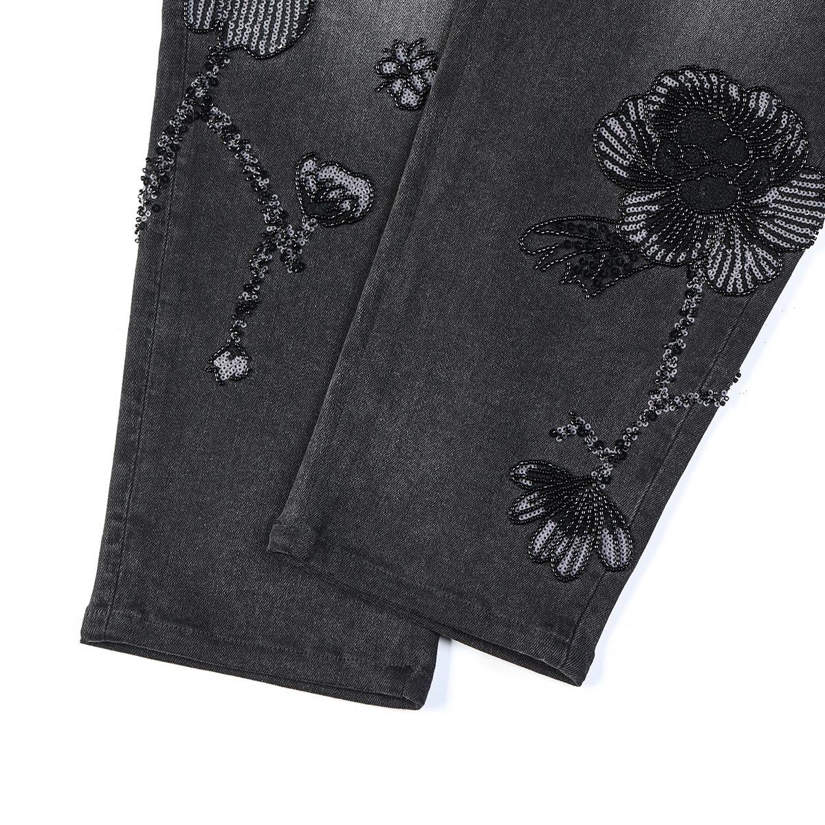 Risen Jeans Sequined & Beaded Floral Embroidery Tapered Ankle Jeans