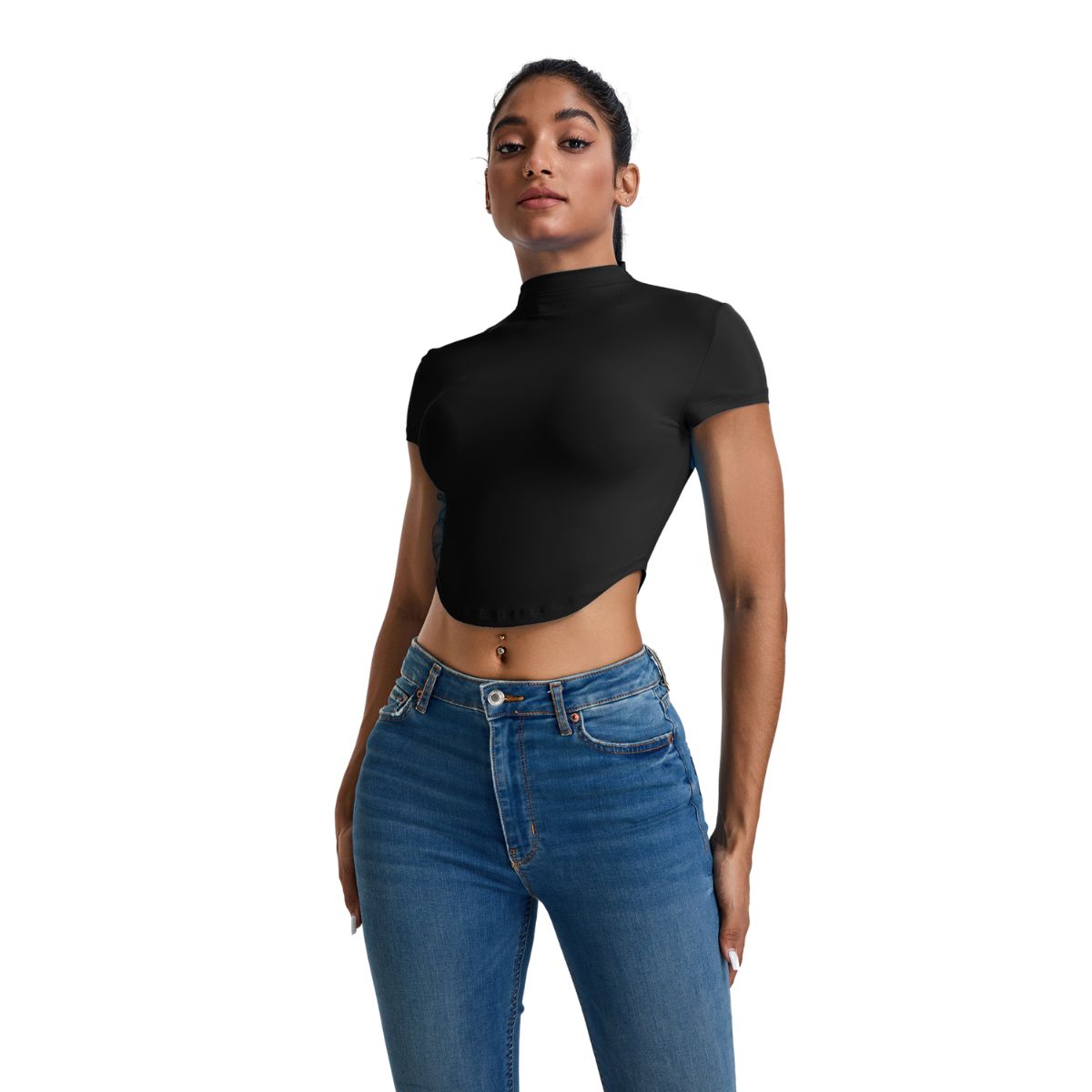 Mock Neck Curved-Hem Crop Tee