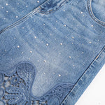 Risen Jeans Raw Hem Floral Lace-Cut Jeans with Rhinestones