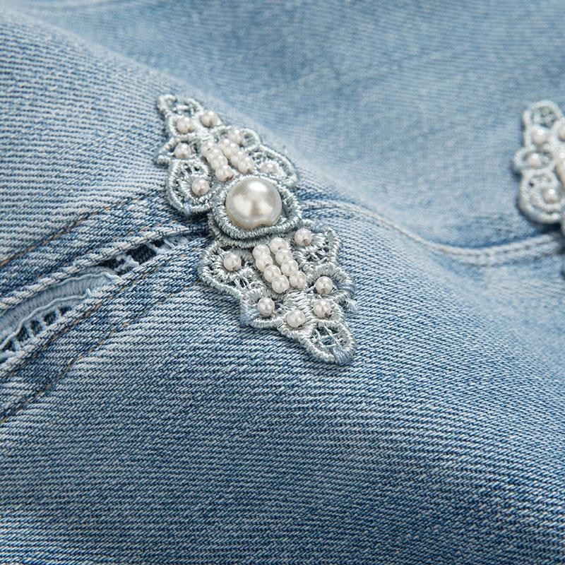 Risen Jeans Pearl-Beaded Frog Closure Jeans with Cut-Outs