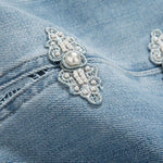 Risen Jeans Pearl-Beaded Frog Closure Jeans with Cut-Outs