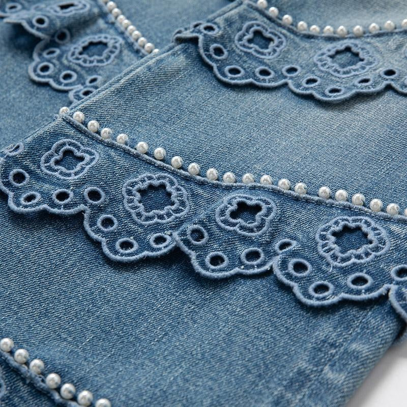 Risen Jeans Pearl-Embellished Embroidered Patchwork Cut-Out Jeans