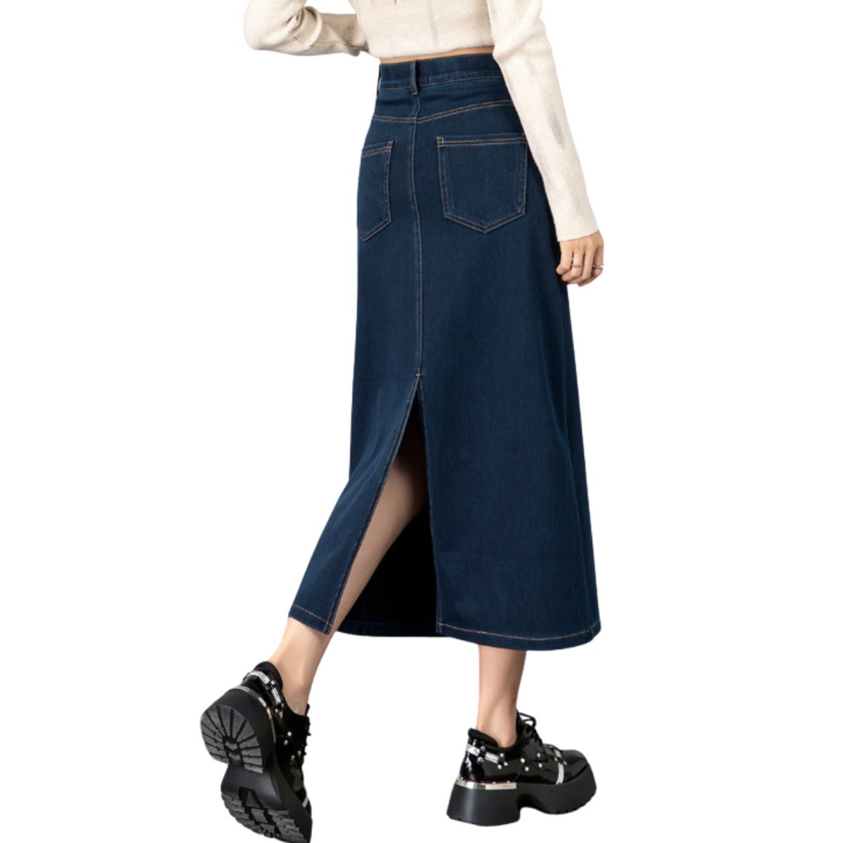 Women's Straight-Cut Jersey Denim Midi Skirt
