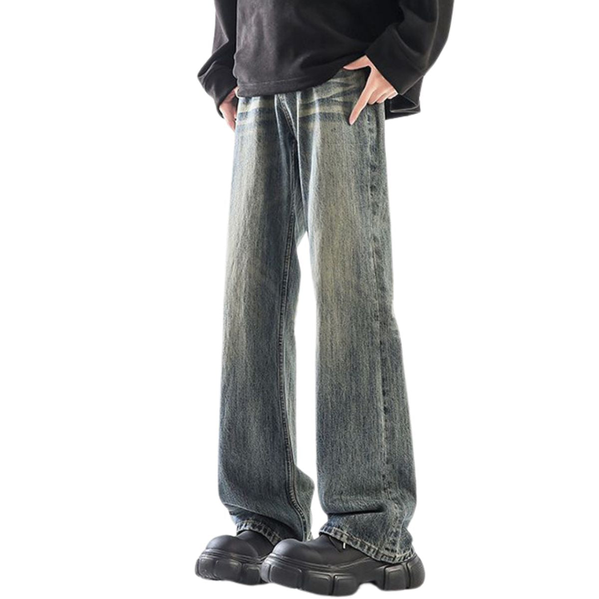 Relaxed Fit Whisker Ripped Denim Jeans