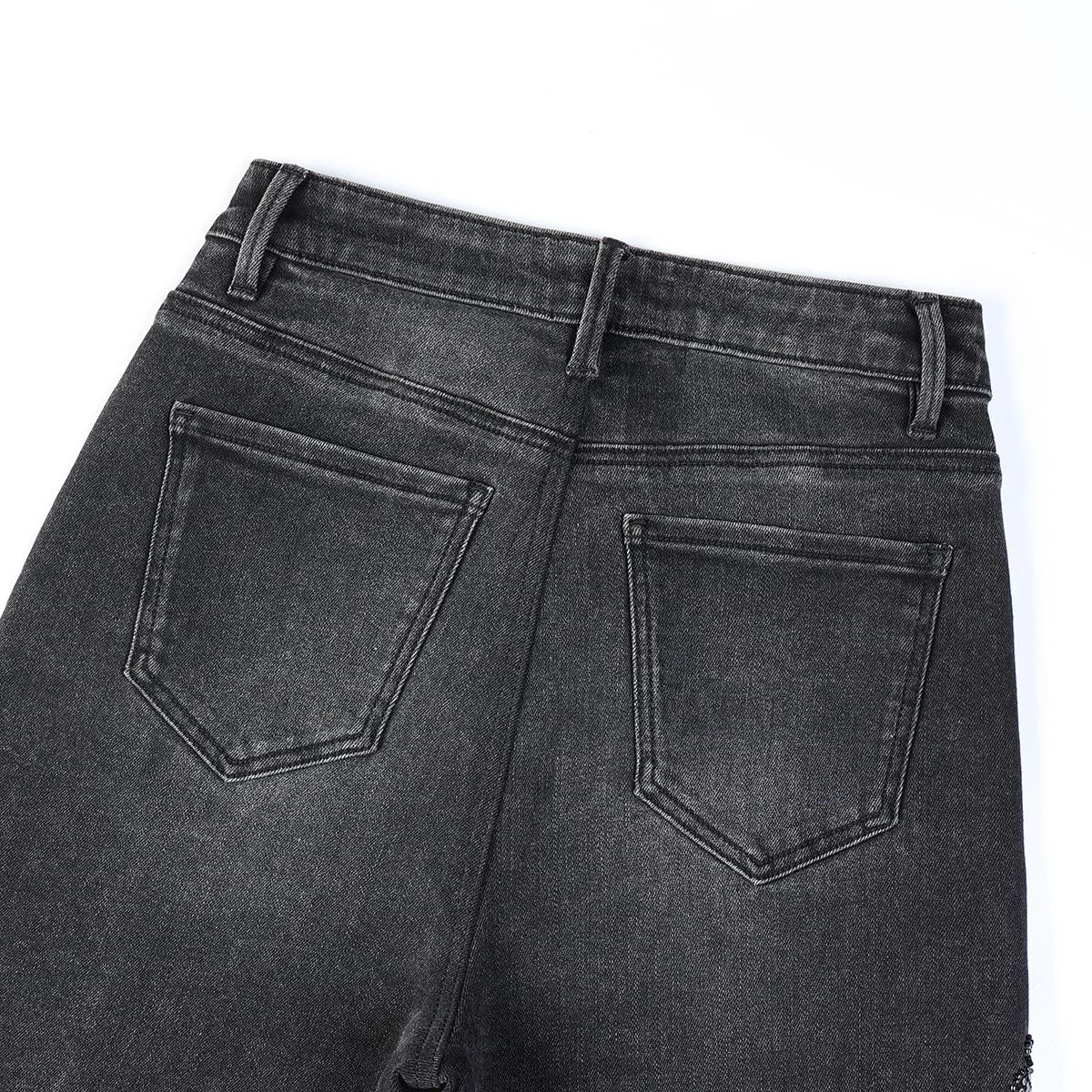 Risen Jeans Sequined & Beaded Floral Embroidery Tapered Ankle Jeans