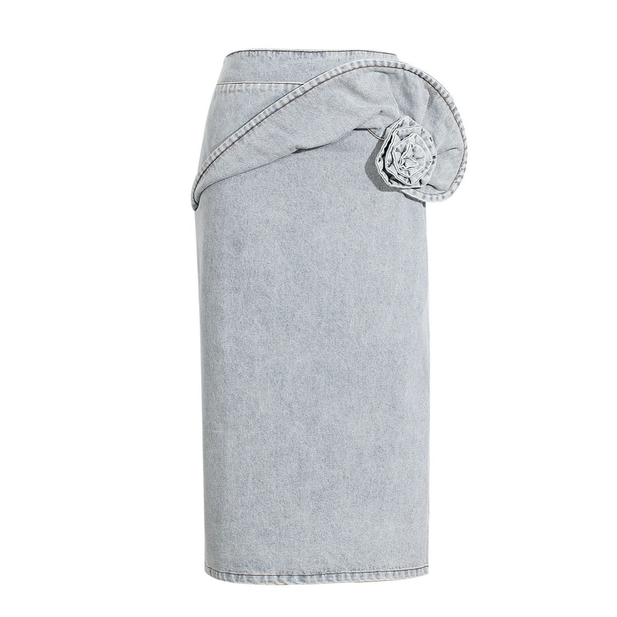 Floral Appliqué Denim Midi Skirt