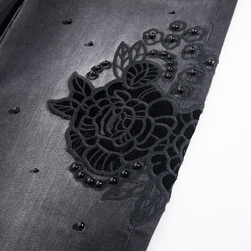 Risen Jeans Pearl-Embellished Floral-Embroidered Whisker Jeans