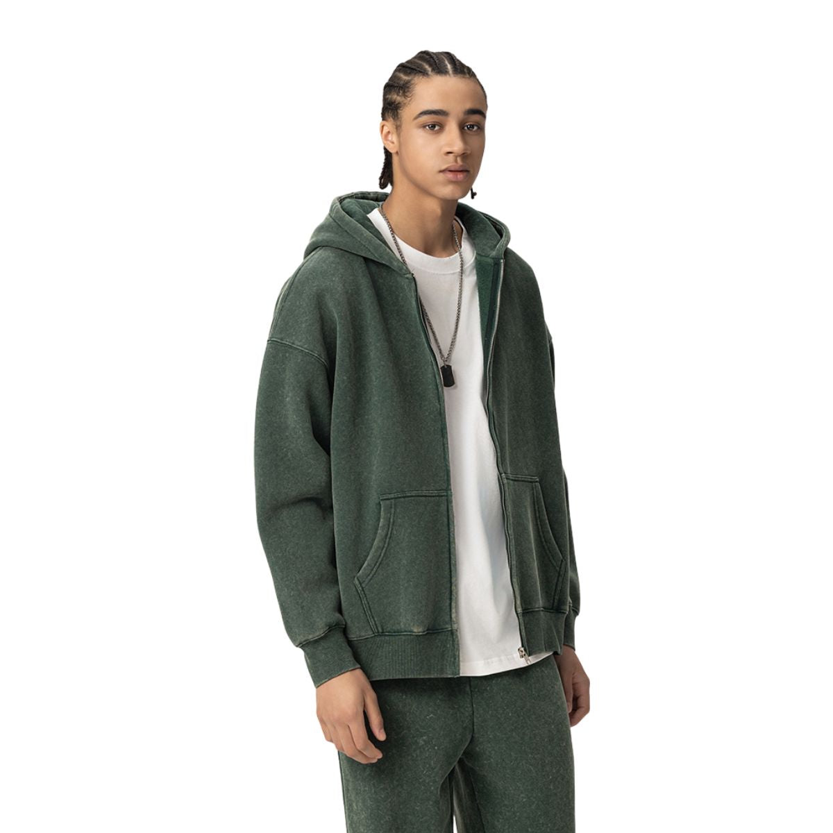 Stone Wash Zip-Front Fleece Hoodie