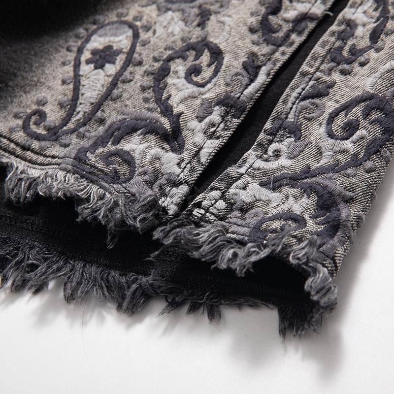 Raw-Edge Hem Heavily Embroidered Denim Skirt