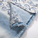 Raw-Edge Hem Heavily Embroidered Denim Skirt