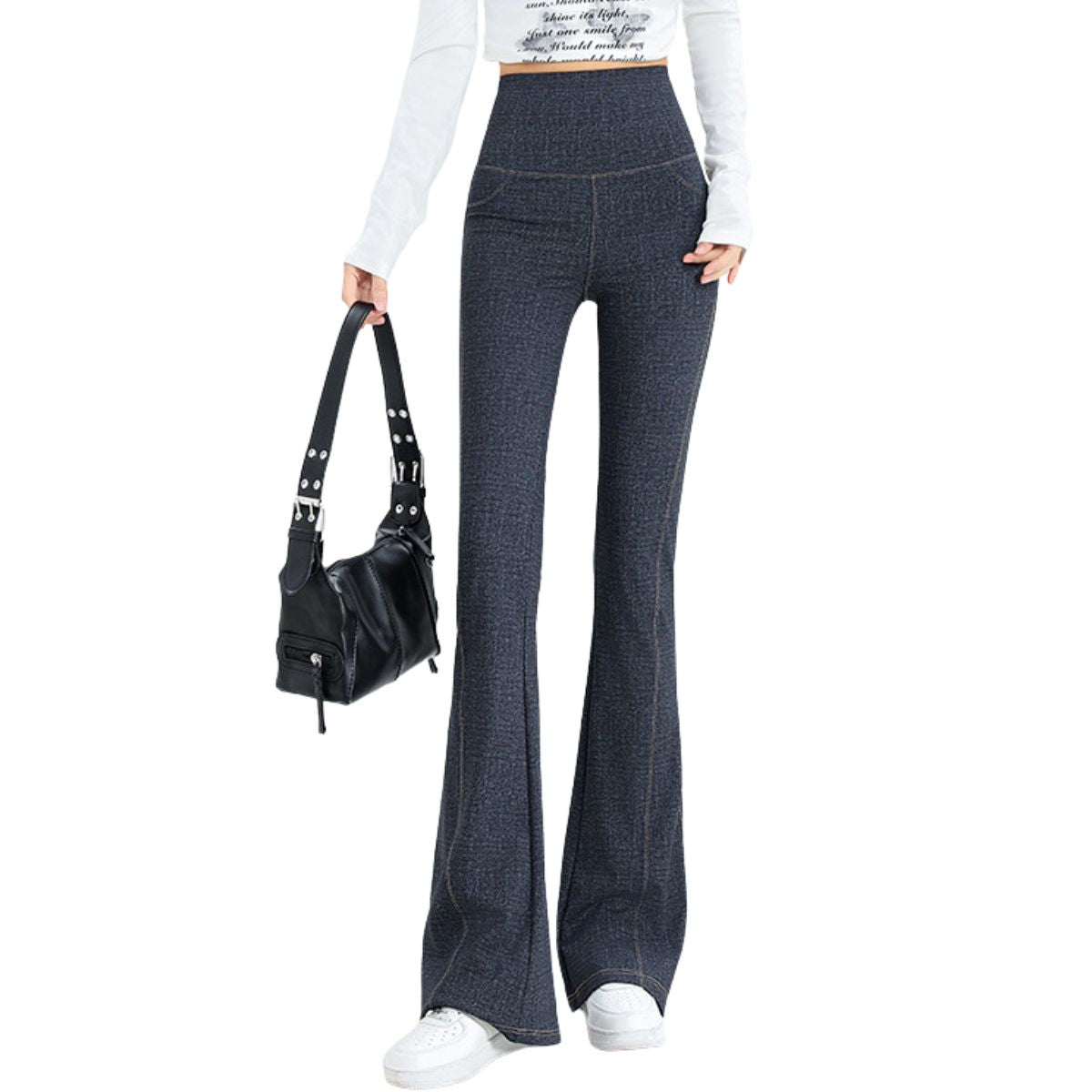 High-Waist Knit Denim Flare Pants