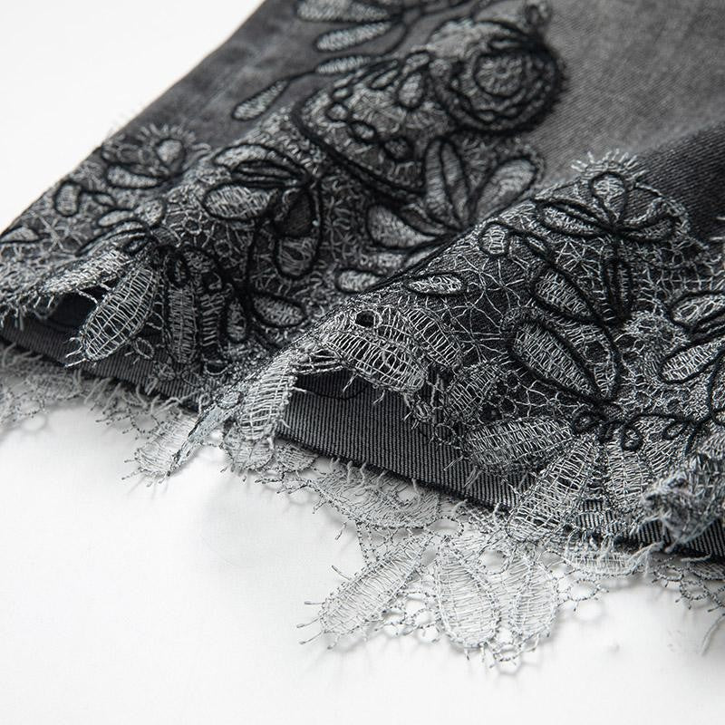 Asymmetric Heavy Embroidered Denim Shorts