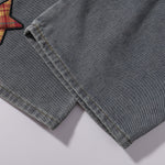 Plaid Trim Star Patched Wide Leg Denim Jeans