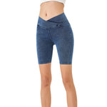 Crossover Waist Washed Stretchy Knit Denim Shorts