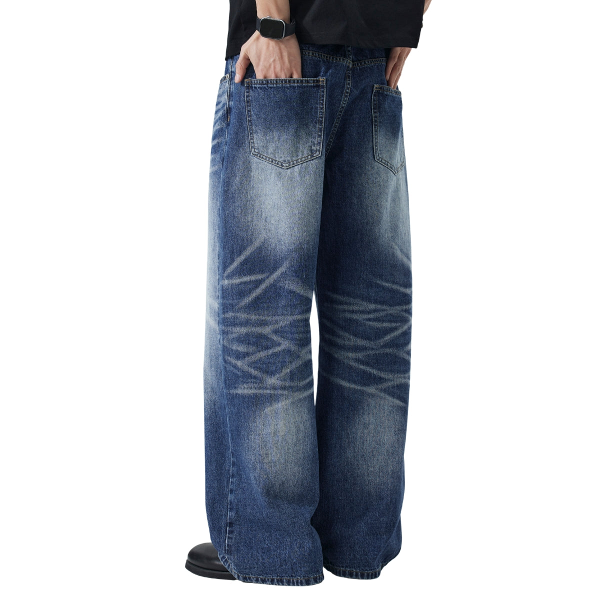 Deep Blue Washed Cat Whisker A-Line Straight Baggy Denim Jeans