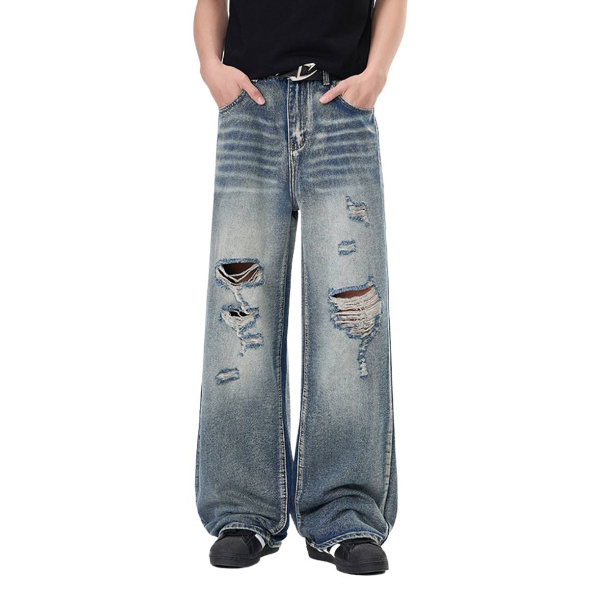 Retro Bleached Ripped Loose Fit Wide Leg Jeans