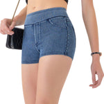 Mid-Waisted Washed Knit Denim Shorts